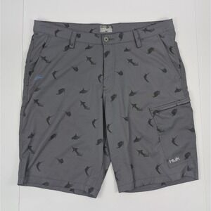Huk KC Scott‎ Next Level Performance Fishing Shorts Mens 36 Gray Marlin Print